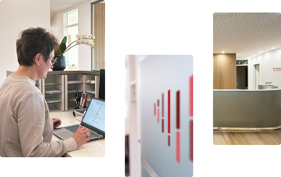 Es sind drei Bildausschnitte aus der Praxis zu sehen: Die Frontansicht der Rezeption, eine Rezeptionistin bei der Arbeit sowie die Nahaufnahme einer Milchglastür mit dem Müntze & Teipel-Herz darauf.