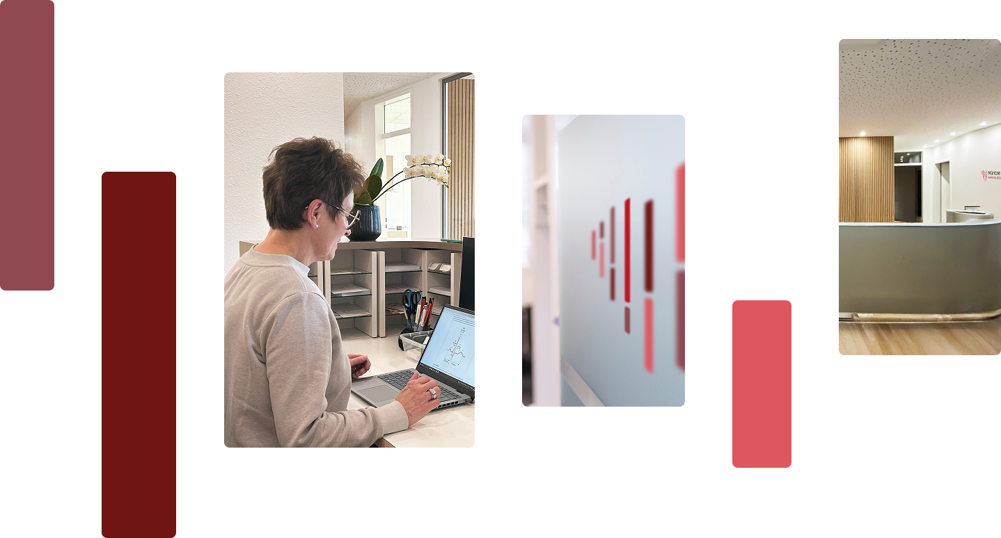 Neben dekorativen Farbflächen sind drei Bildausschnitte aus der Praxis zu sehen: Die Frontansicht der Rezeption, eine Rezeptionistin bei der Arbeit sowie die Nahaufnahme einer Milchglastür mit dem Müntze & Teipel-Herz darauf.